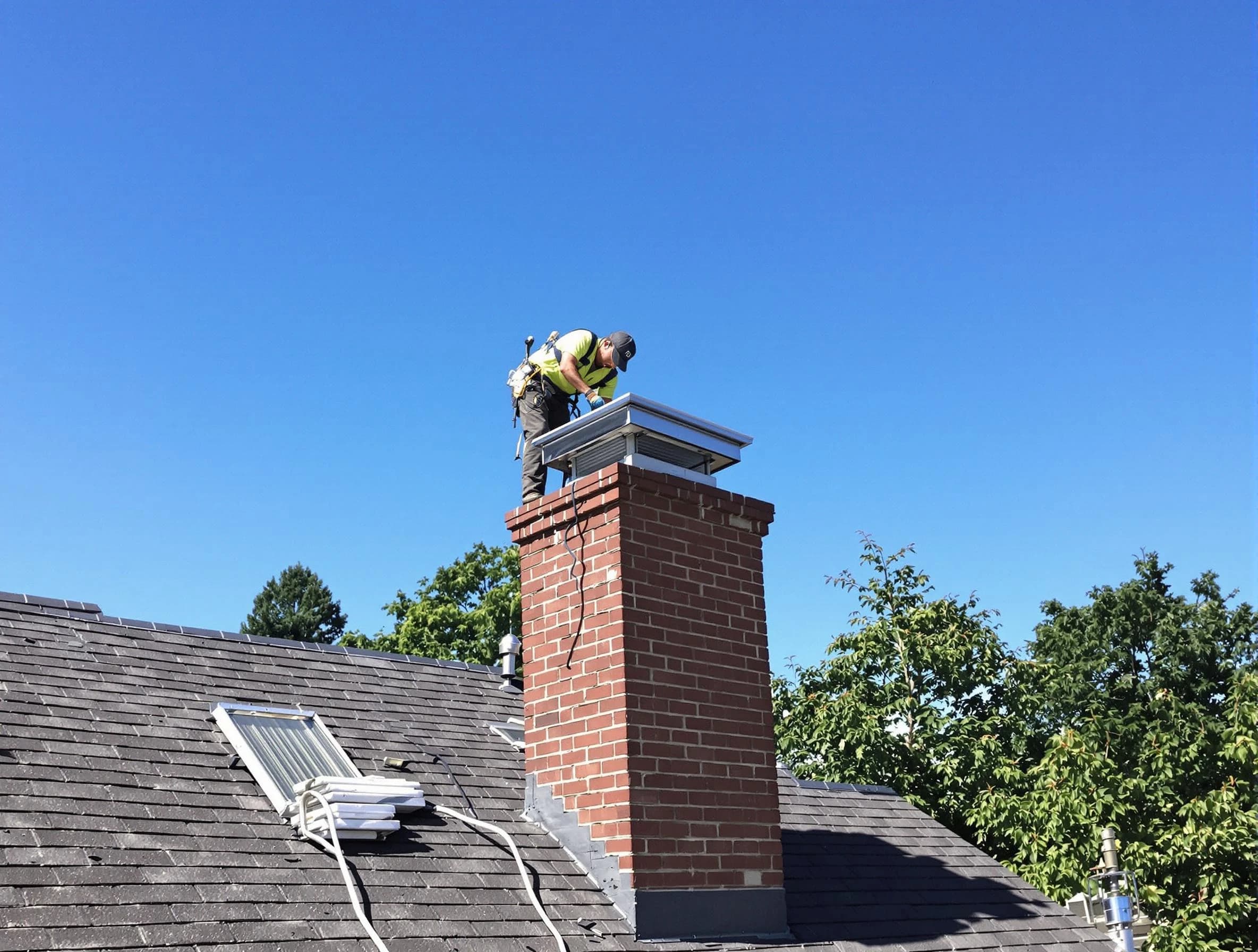 Nutley Chimney Sweep technician measuring a chimney cap in Nutley, NJ