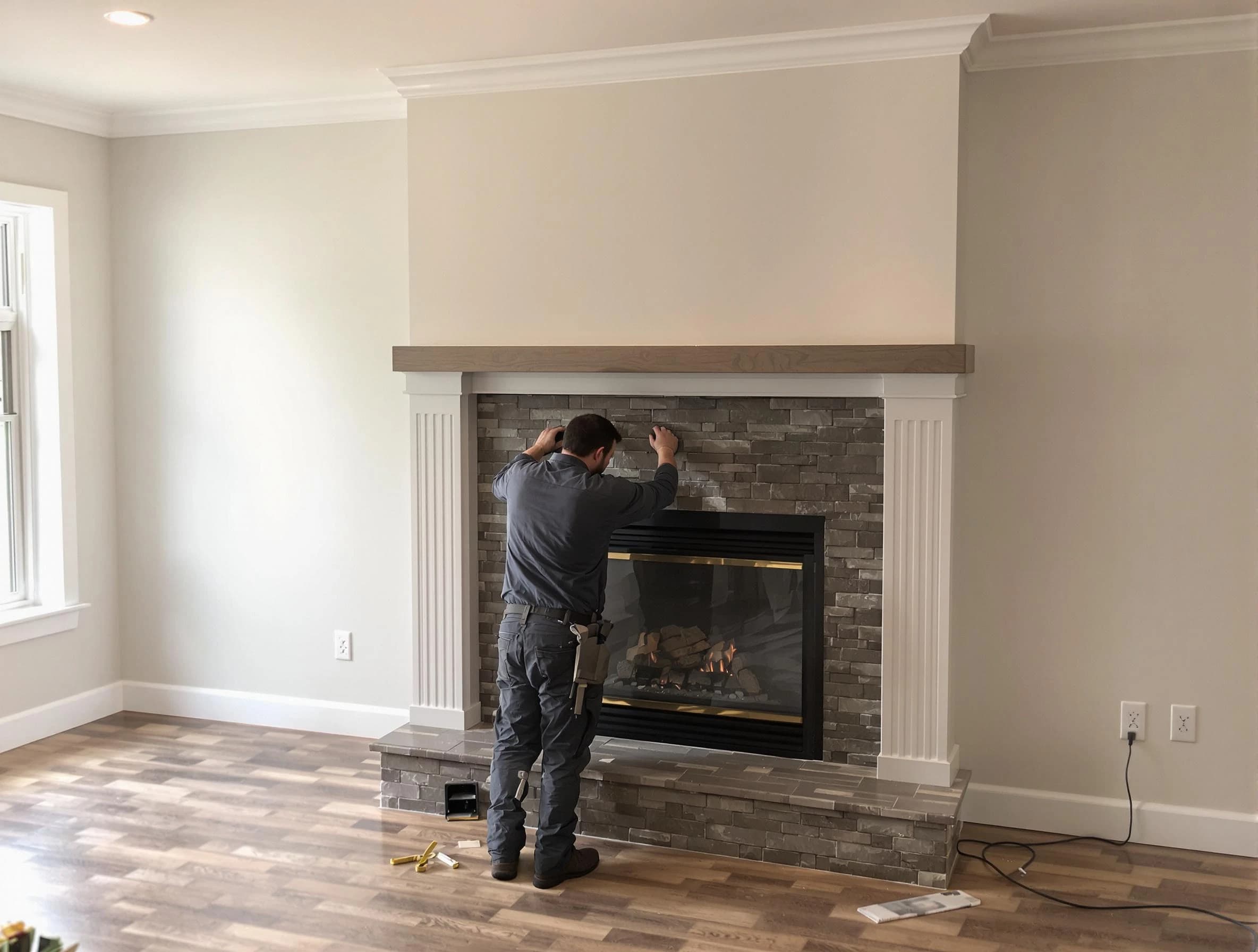 Nutley Chimney Sweep finishing a custom fireplace install in Nutley, NJ